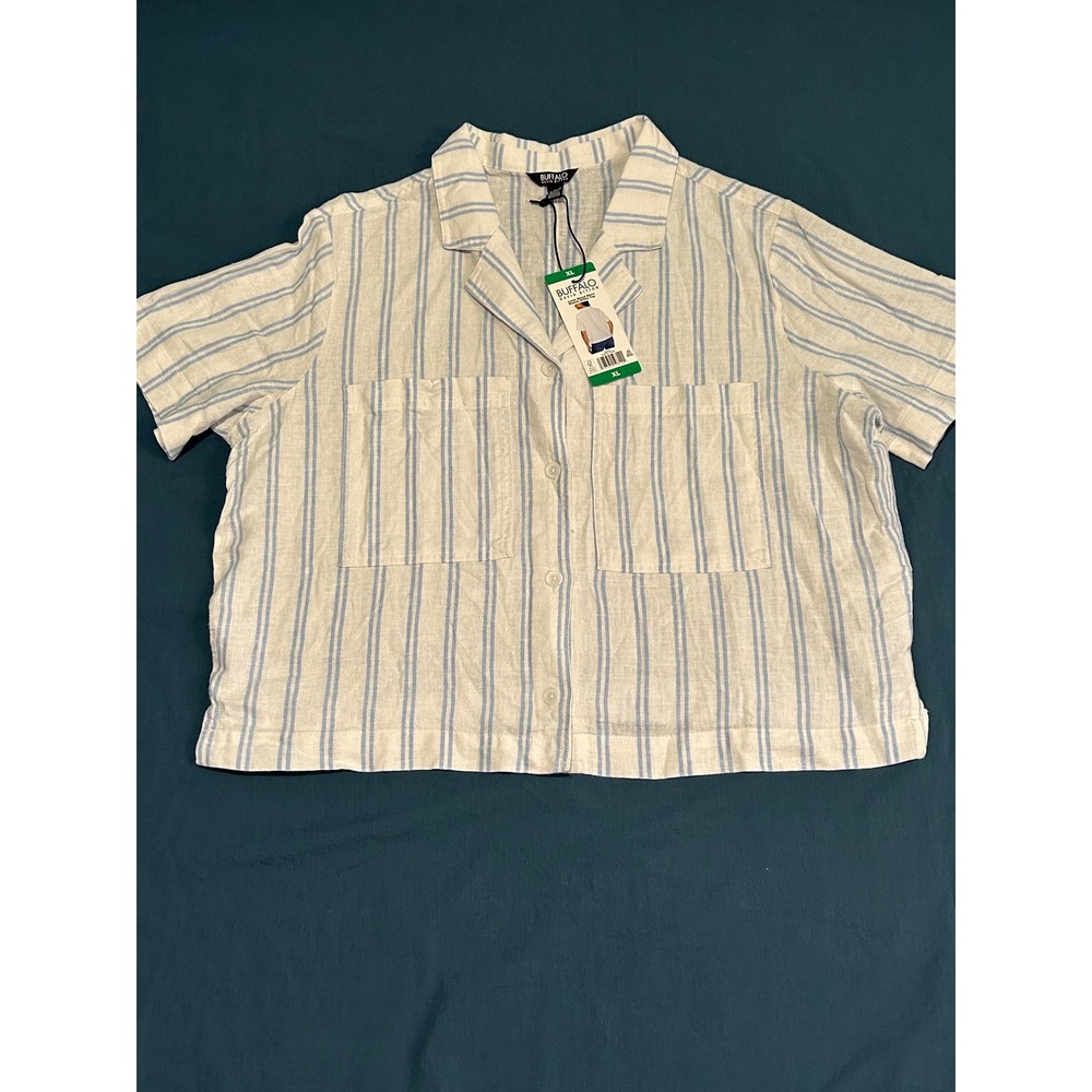Buffalo David Bitton Linen Blend Stripe Utility Top XL Coastal Blue White Button